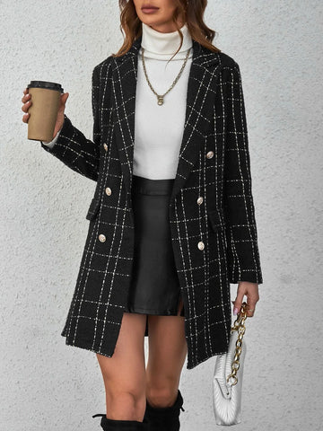 Buy SHEIN Privé Plaid Double Breasted Overcoat,Ladies Late Fall Elegant Double Button Regular Sleeve Lapel Regular Fit Black Plaid Women Overcoats in Pakistan