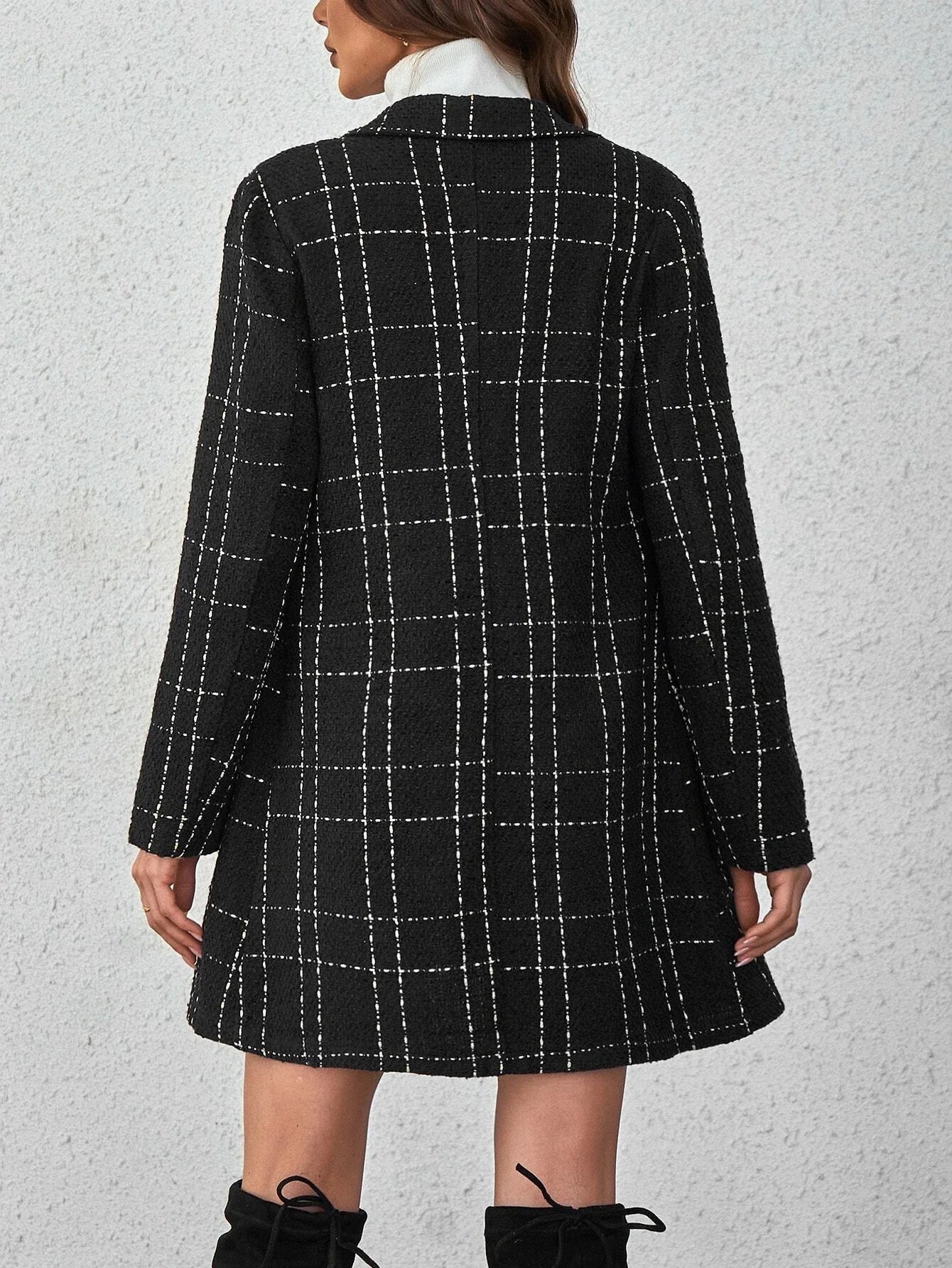 Buy SHEIN Privé Plaid Double Breasted Overcoat,Ladies Late Fall Elegant Double Button Regular Sleeve Lapel Regular Fit Black Plaid Women Overcoats in Pakistan