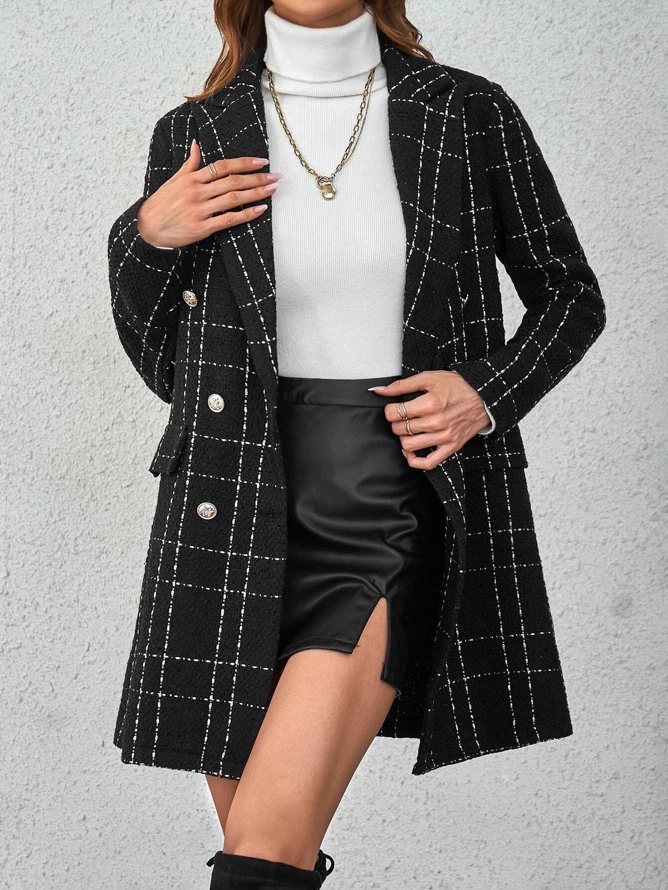 Buy SHEIN Privé Plaid Double Breasted Overcoat,Ladies Late Fall Elegant Double Button Regular Sleeve Lapel Regular Fit Black Plaid Women Overcoats in Pakistan