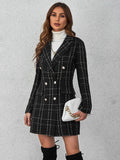 Buy SHEIN Privé Plaid Double Breasted Overcoat,Ladies Late Fall Elegant Double Button Regular Sleeve Lapel Regular Fit Black Plaid Women Overcoats in Pakistan