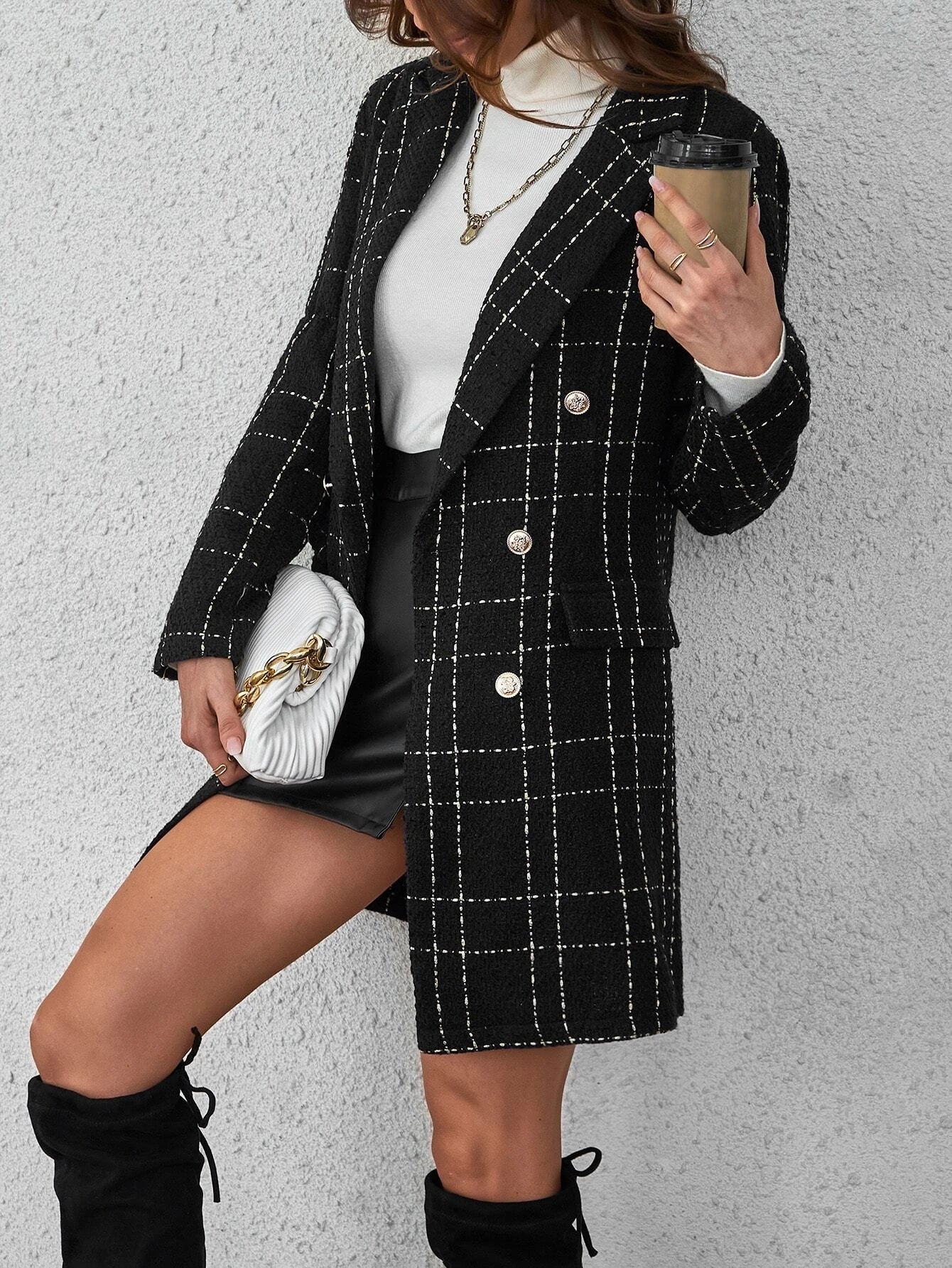 Buy SHEIN Privé Plaid Double Breasted Overcoat,Ladies Late Fall Elegant Double Button Regular Sleeve Lapel Regular Fit Black Plaid Women Overcoats in Pakistan