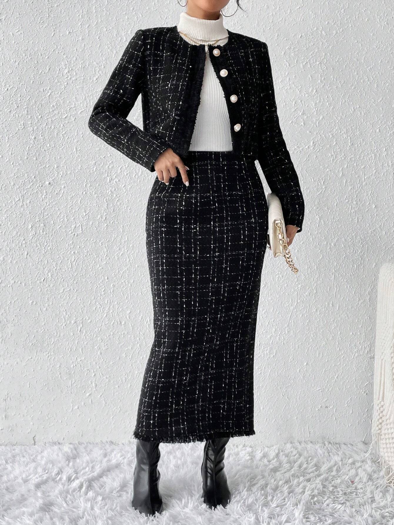 Buy SHEIN Privé Plaid Tweed Jacket & Skirt in Pakistan