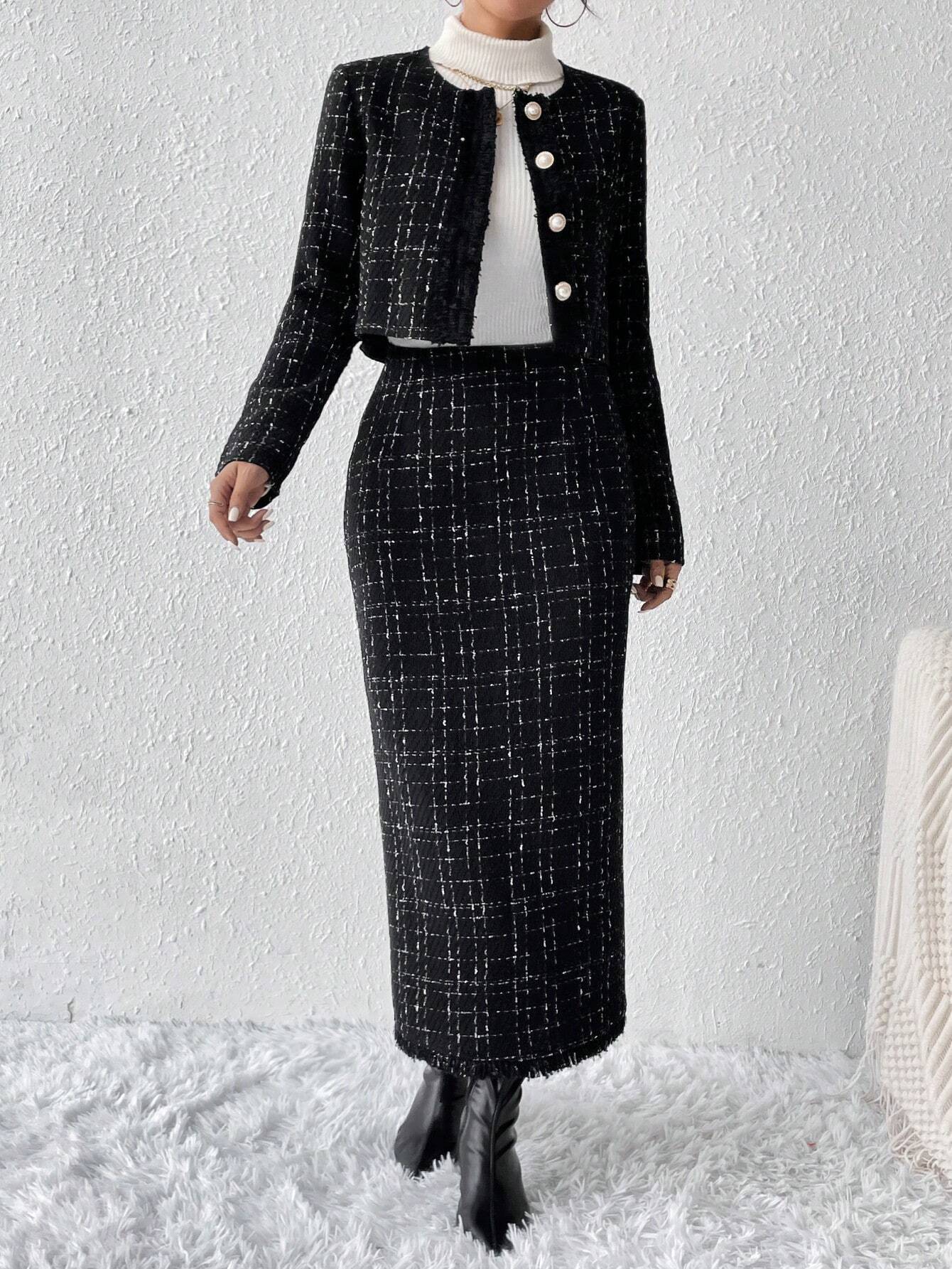 Buy SHEIN Privé Plaid Tweed Jacket & Skirt in Pakistan