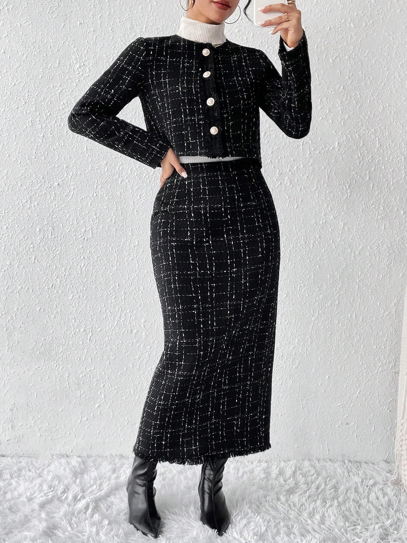 Buy SHEIN Privé Plaid Tweed Jacket & Skirt in Pakistan