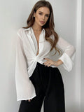 Buy SHEIN Privé Plunging Collar Twist Knotted Bell Sleeve Sheer Women's Sun Protection Shirt in Pakistan