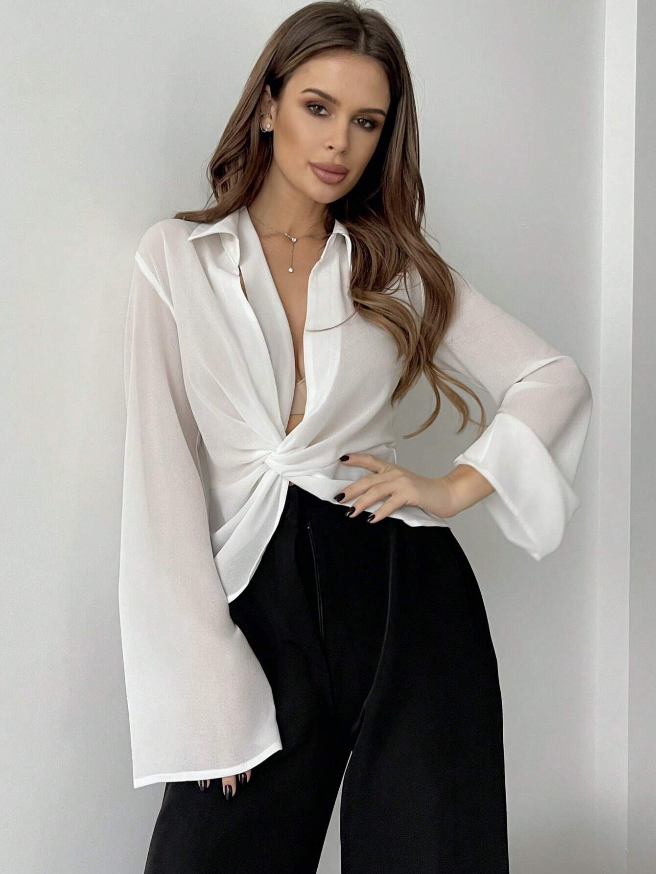 Buy SHEIN Privé Plunging Collar Twist Knotted Bell Sleeve Sheer Women's Sun Protection Shirt in Pakistan