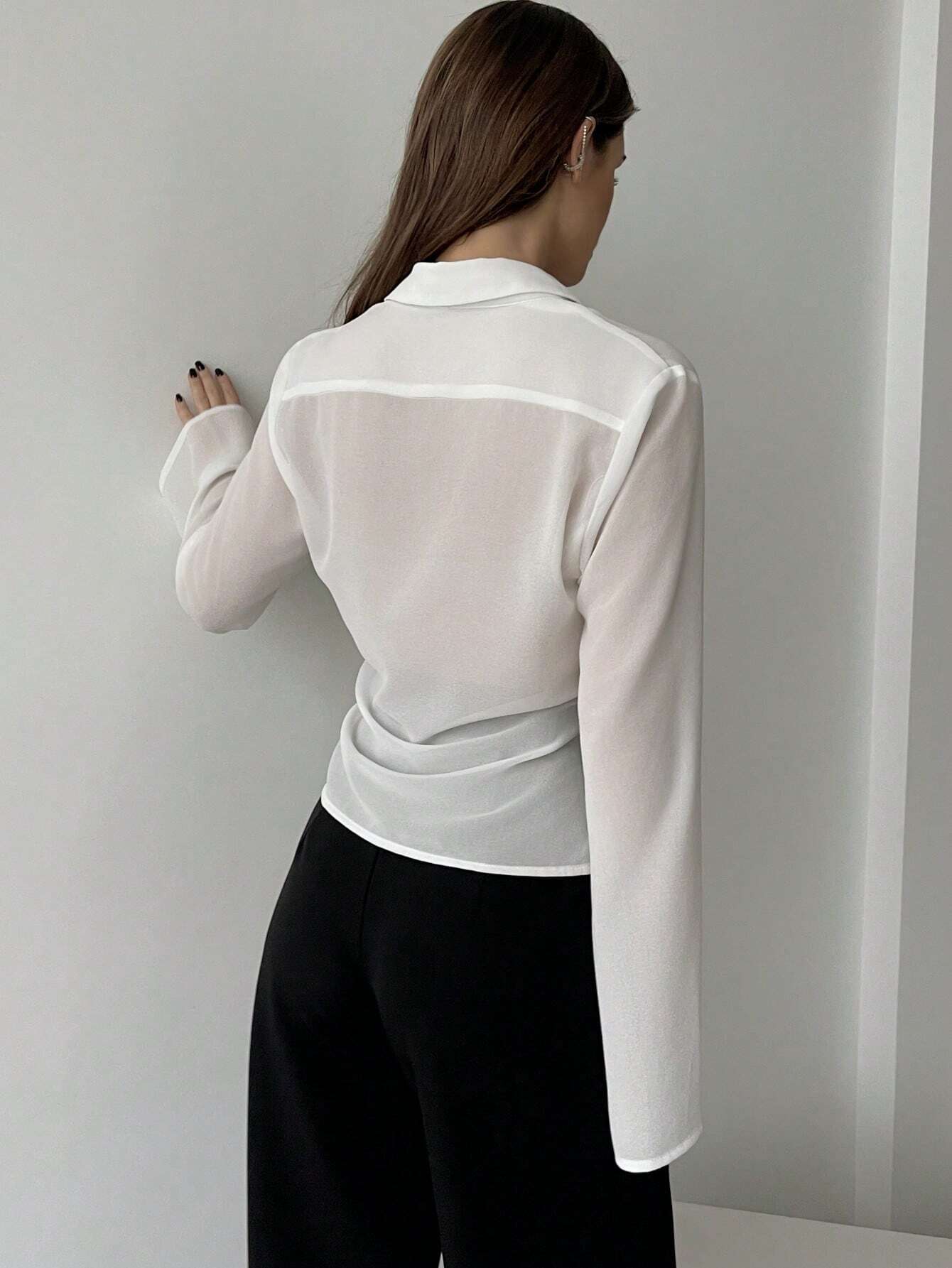 Buy SHEIN Privé Plunging Collar Twist Knotted Bell Sleeve Sheer Women's Sun Protection Shirt in Pakistan