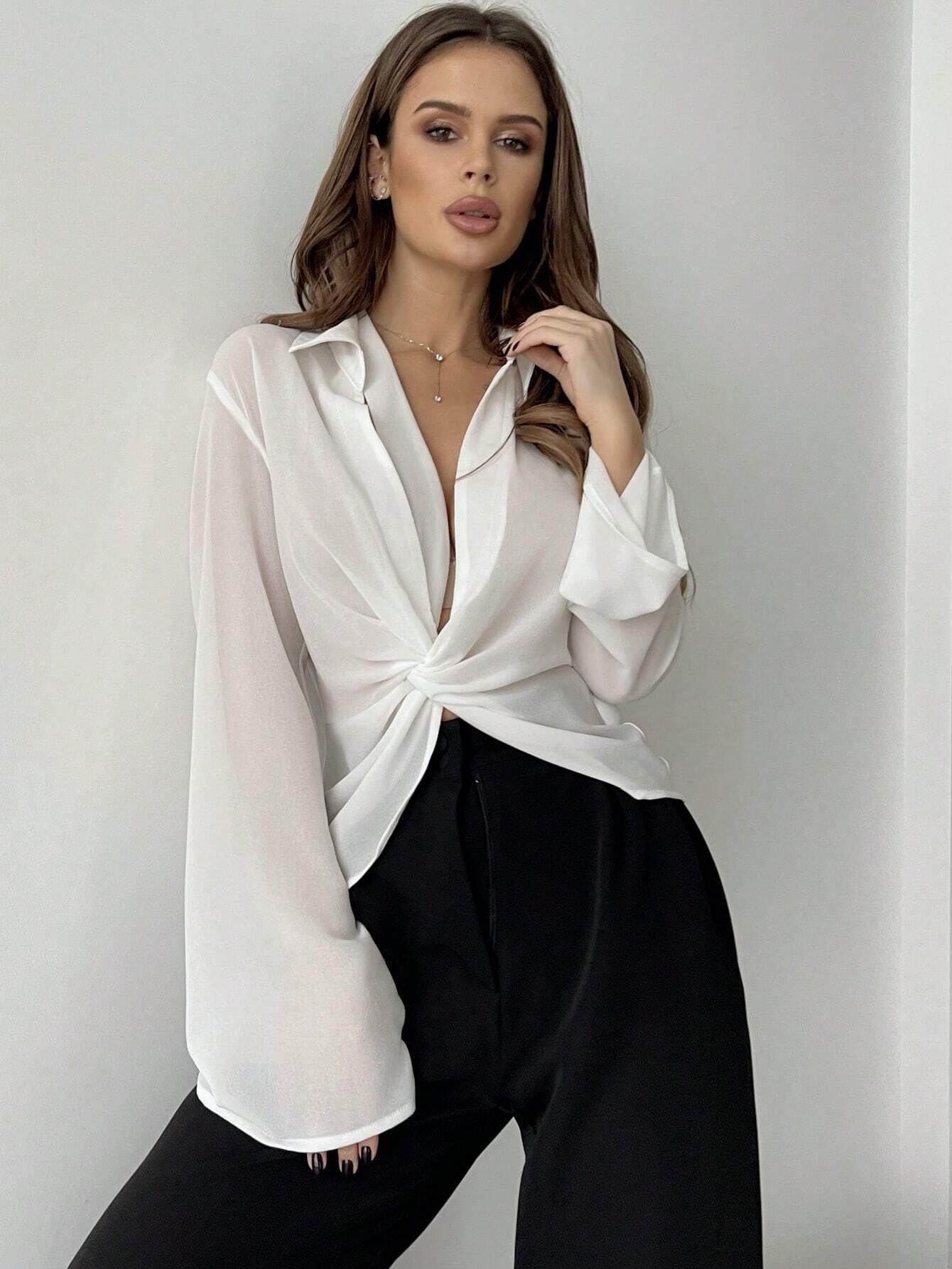 Buy SHEIN Privé Plunging Collar Twist Knotted Bell Sleeve Sheer Women's Sun Protection Shirt in Pakistan