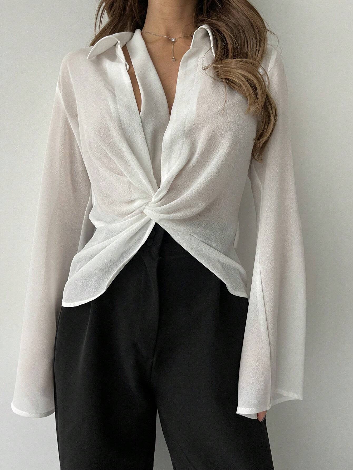 Buy SHEIN Privé Plunging Collar Twist Knotted Bell Sleeve Sheer Women's Sun Protection Shirt in Pakistan