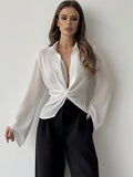 Buy SHEIN Privé Plunging Collar Twist Knotted Bell Sleeve Sheer Women's Sun Protection Shirt in Pakistan
