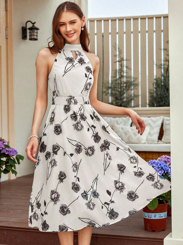 Buy SHEIN Privé Romantic Thorny Rose Printed Vest Dress With Scoop Neckline, Waistband, AndUmbrella-Shaped Hem in Pakistan