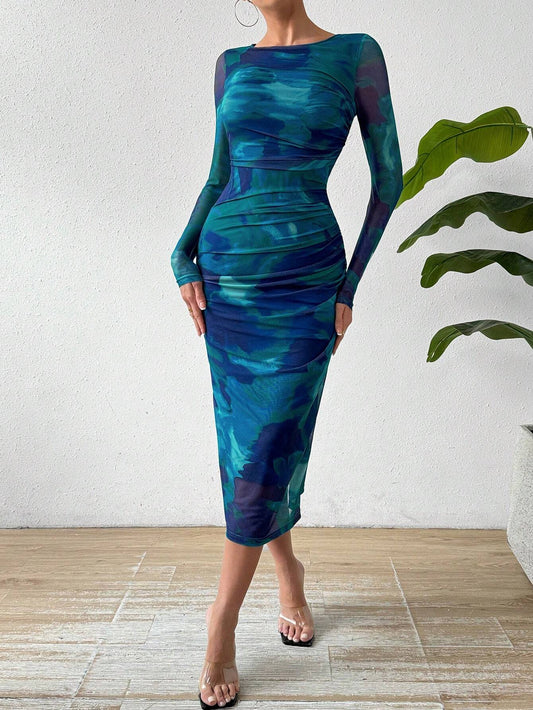 Buy SHEIN Privé Round Neck Pleated Tie Dye Dress in Pakistan