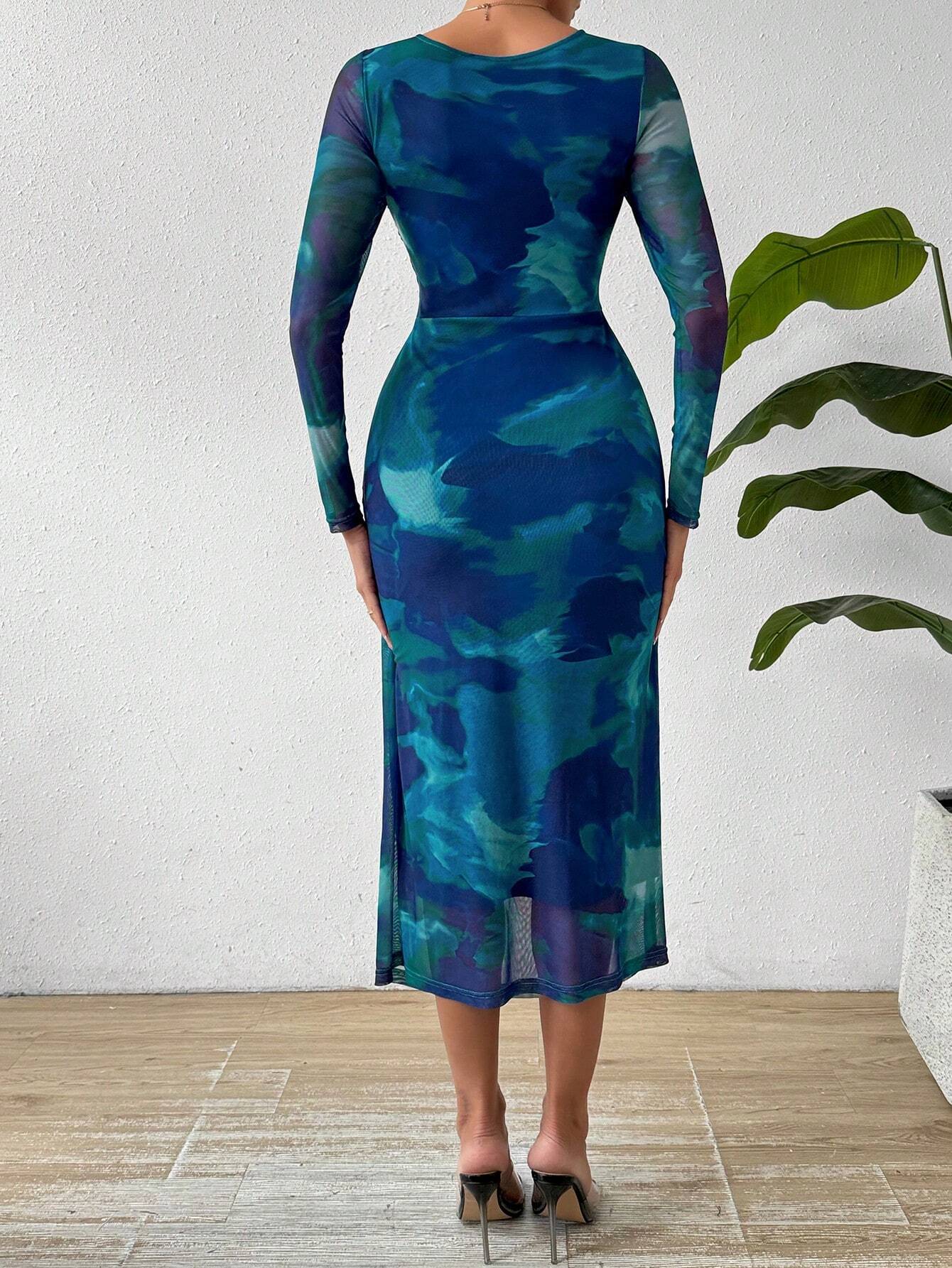 Buy SHEIN Privé Round Neck Pleated Tie Dye Dress in Pakistan