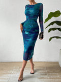 Buy SHEIN Privé Round Neck Pleated Tie Dye Dress in Pakistan