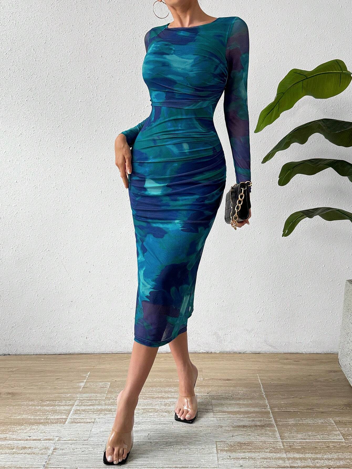 Buy SHEIN Privé Round Neck Pleated Tie Dye Dress in Pakistan