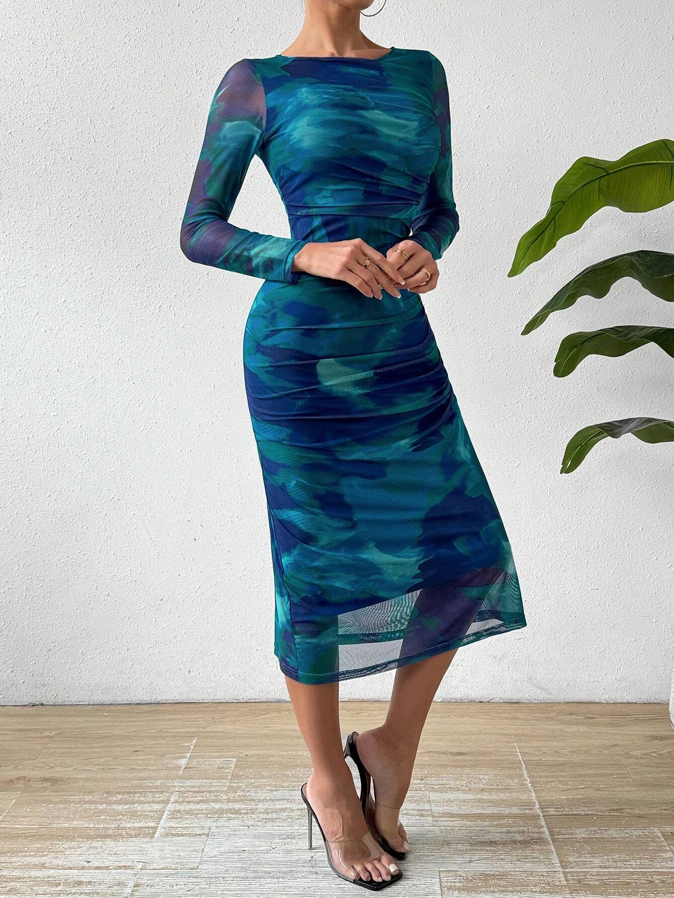 Buy SHEIN Privé Round Neck Pleated Tie Dye Dress in Pakistan