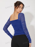 Buy SHEIN Priv̩ Ruched Square Neck Solid Metallic Top in Pakistan
