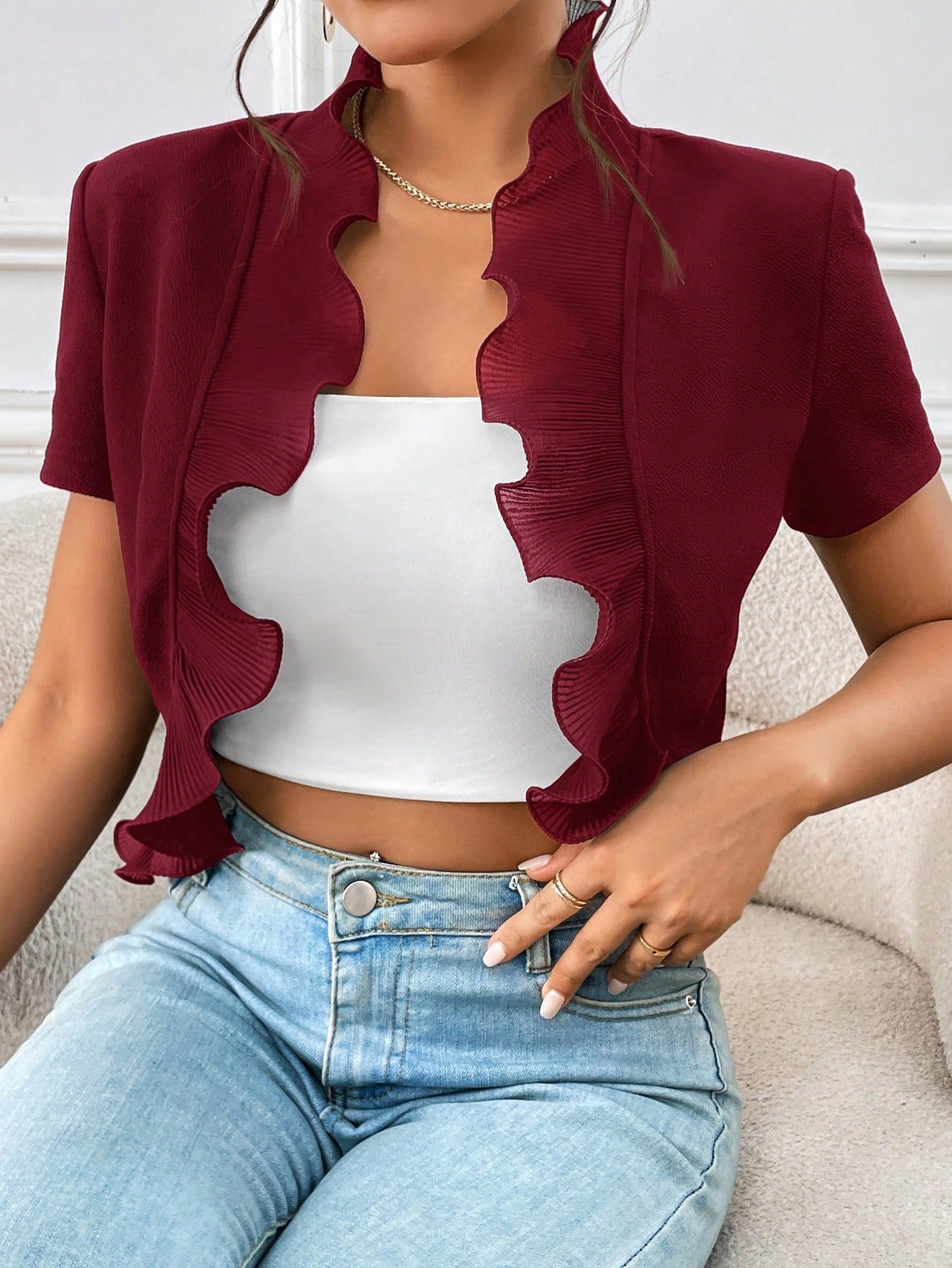 Buy SHEIN Privé Ruffle Trim Open Front Crop Jacket in Pakistan