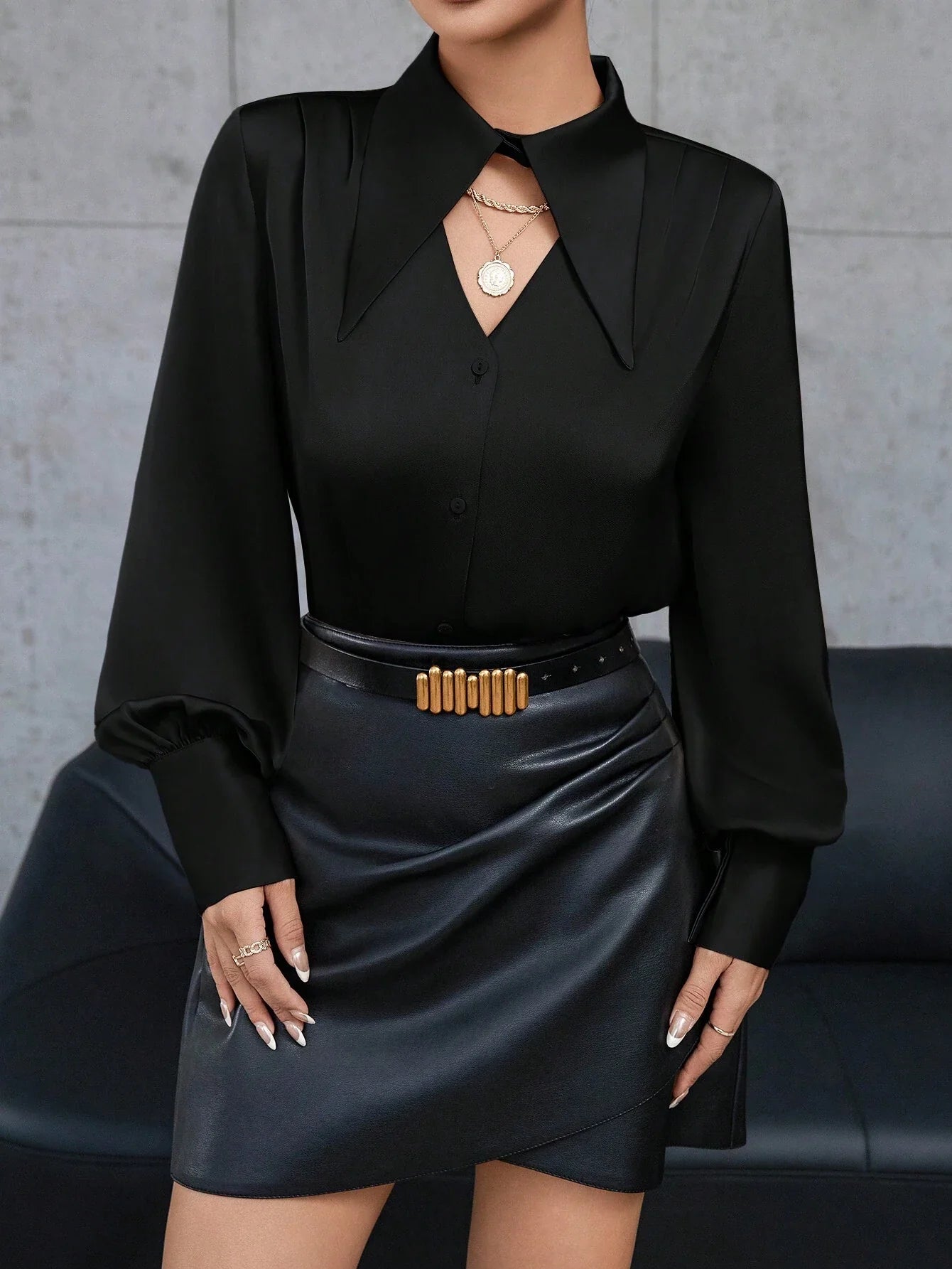Buy SHEIN Privé Solid Color Hollow Out Button Up Long Sleeve Shirt in Pakistan