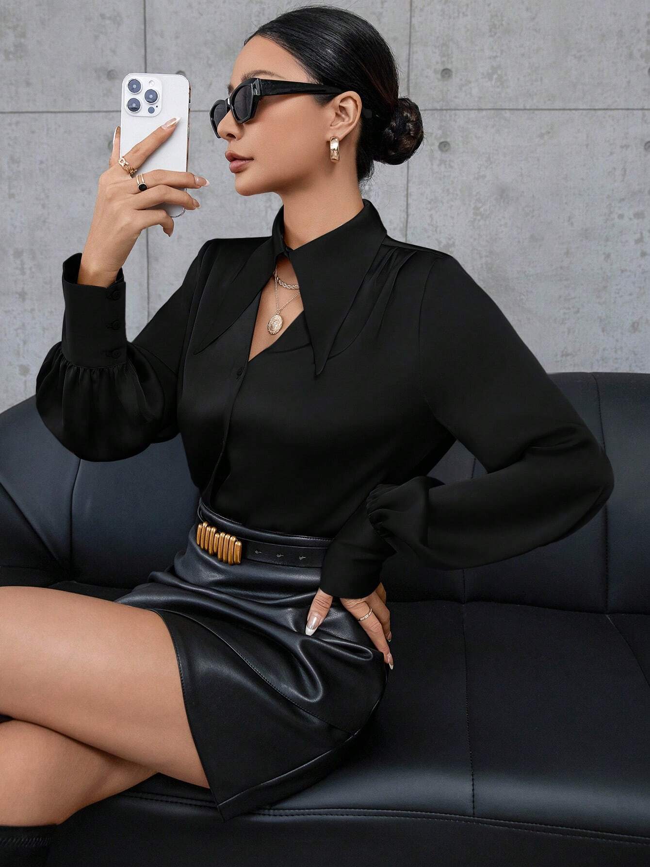 Buy SHEIN Privé Solid Color Hollow Out Button Up Long Sleeve Shirt in Pakistan