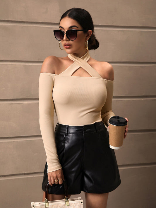 Buy SHEIN Privé Solid Criss Cross Halter Neck Tee in Pakistan