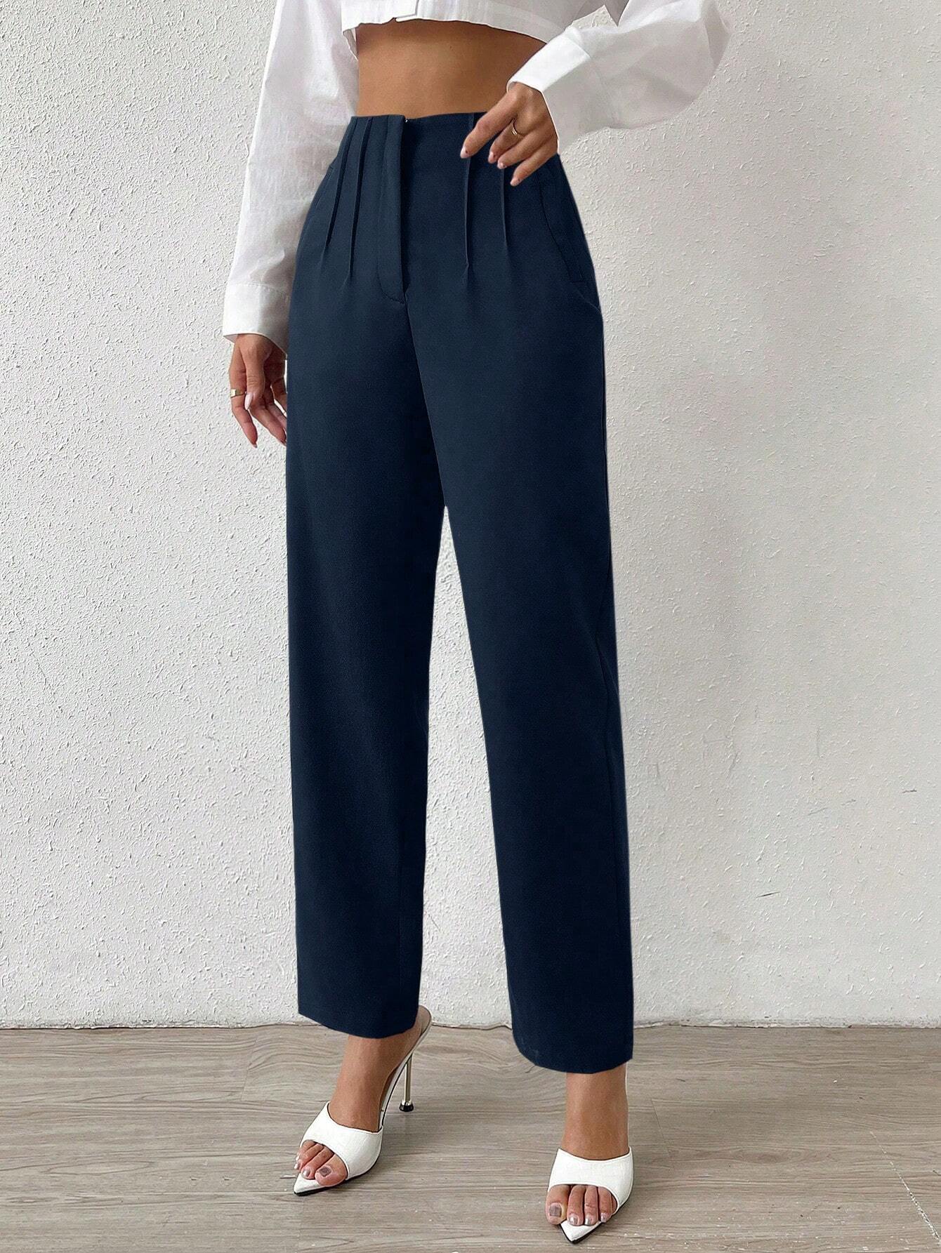 Buy SHEIN Privé Solid Fold Pleated Detail Straight Leg Pants in Pakistan