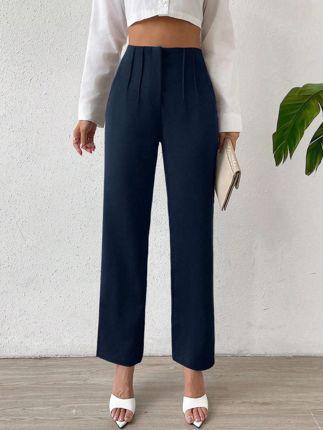 Buy SHEIN Privé Solid Fold Pleated Detail Straight Leg Pants in Pakistan