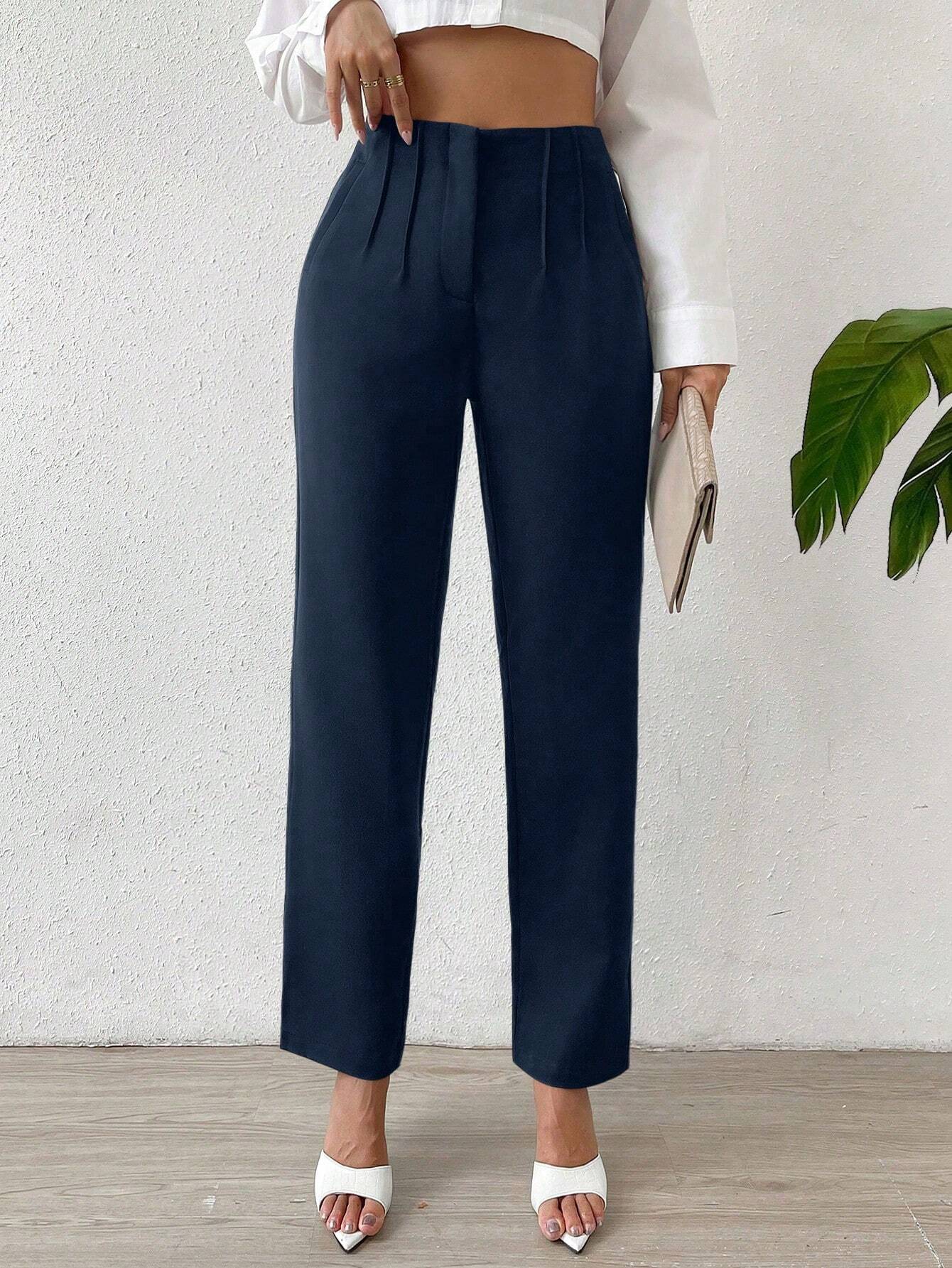 Buy SHEIN Privé Solid Fold Pleated Detail Straight Leg Pants in Pakistan