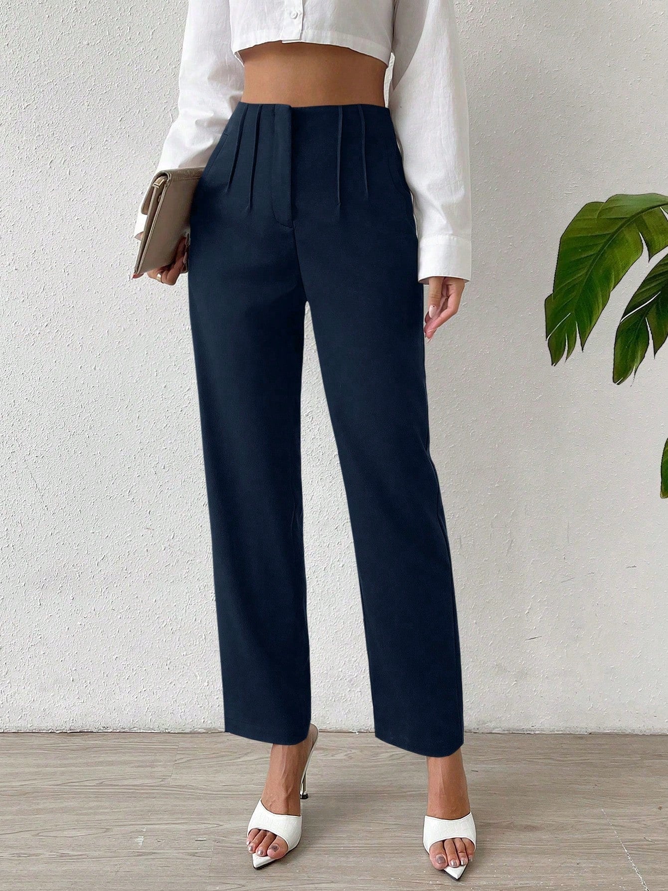 Buy SHEIN Privé Solid Fold Pleated Detail Straight Leg Pants in Pakistan