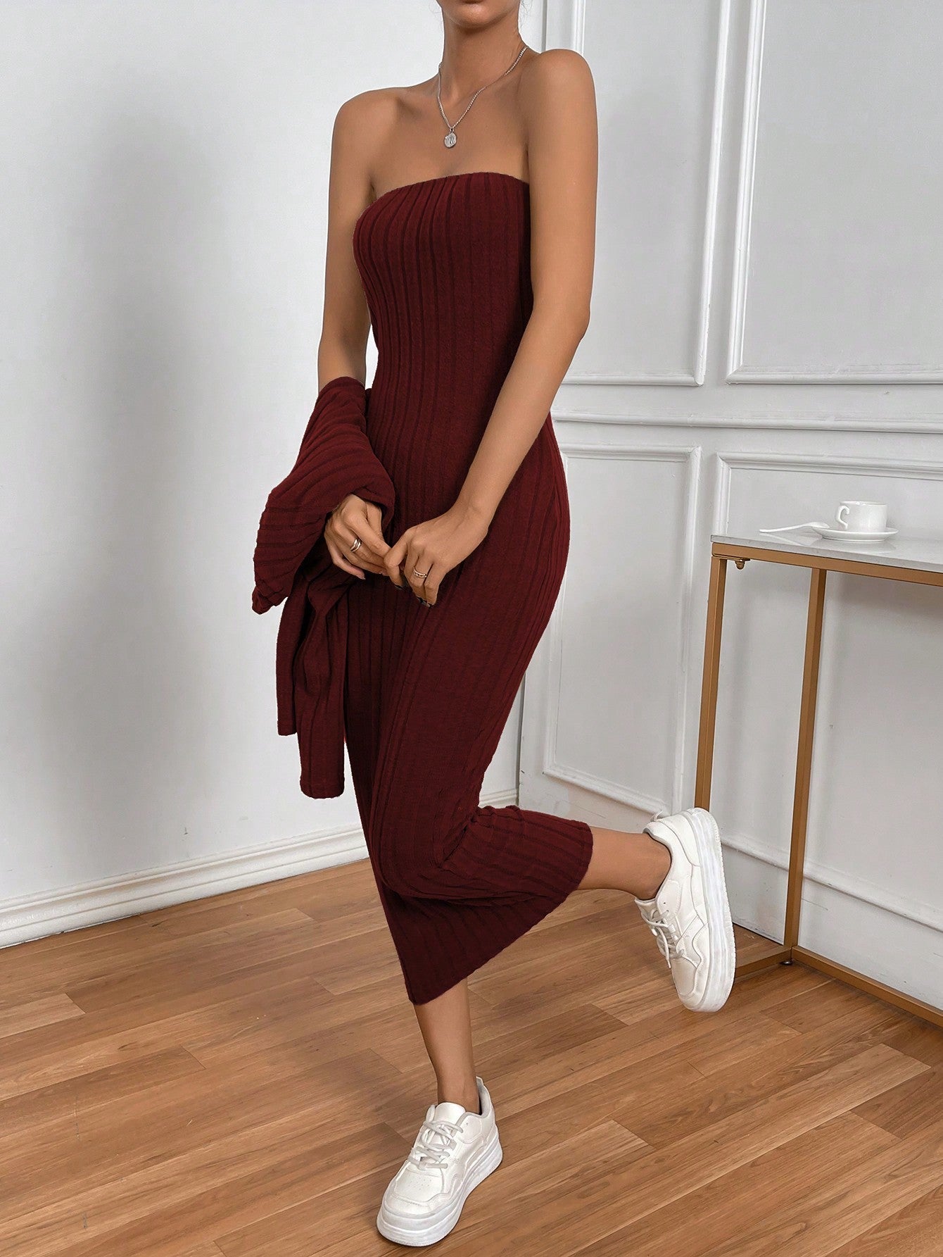 Buy SHEIN Privé Solid Tube Dress & Open Front Jacket in Pakistan