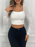 Buy SHEIN Privé Square Neck Ruched Mesh White Crop Women Top in Pakistan
