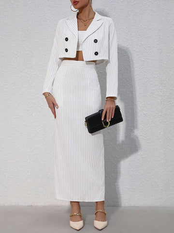 Buy SHEIN Privé Striped Short Lapel Suit Jacket And Strapless Top And Split Hem Skirt Set in Pakistan