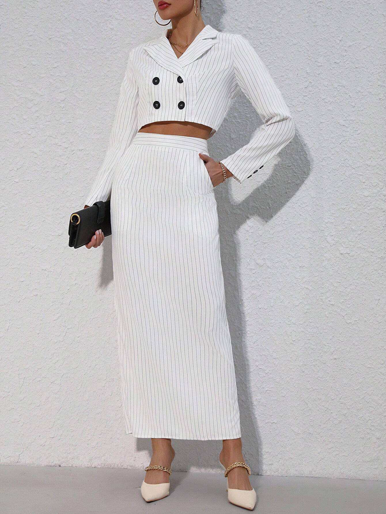 Buy SHEIN Privé Striped Short Lapel Suit Jacket And Strapless Top And Split Hem Skirt Set in Pakistan