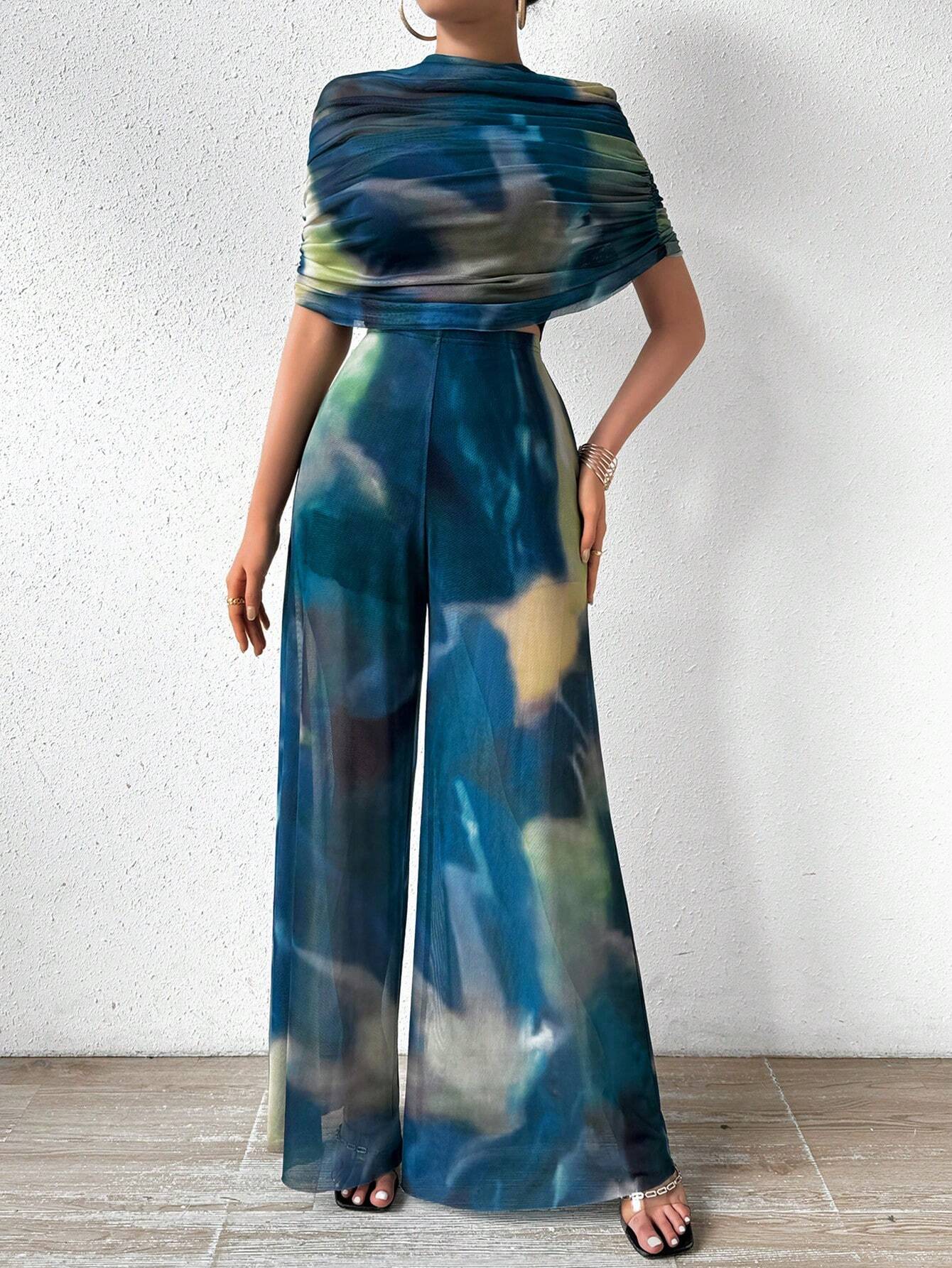 Buy SHEIN Prive Tie-dye One Shoulder Wide Leg Jumpsuit With Top in Pakistan