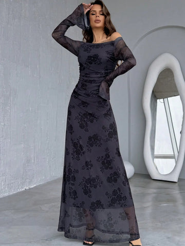 Buy SHEIN Privé Women's Artsy Butterfly Printed Off Shoulder Fitted A-Line Dress in Pakistan