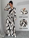 Buy SHEIN Privé Women's Contrast Color Printed Long Sleeve Tie Front Jumpsuit in Pakistan