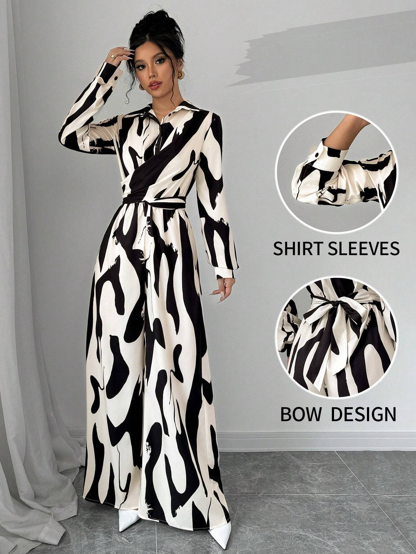 Buy SHEIN Privé Women's Contrast Color Printed Long Sleeve Tie Front Jumpsuit in Pakistan