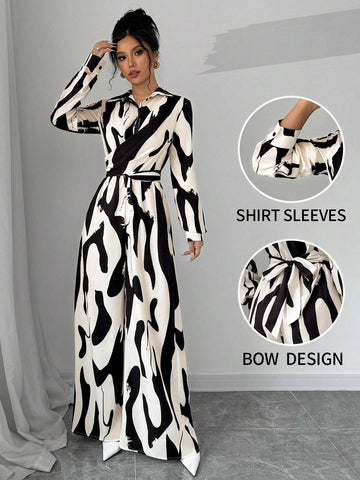 Buy SHEIN Privé Women's Contrast Color Printed Long Sleeve Tie Front Jumpsuit in Pakistan