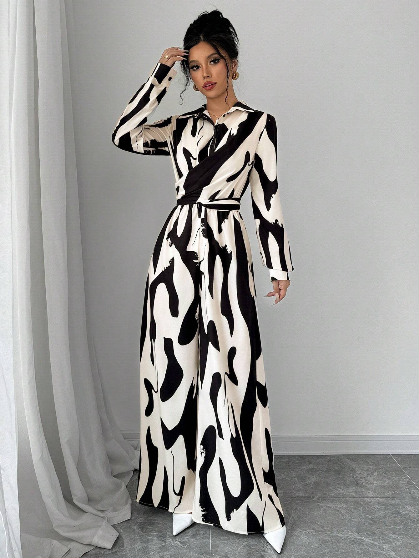 Buy SHEIN Privé Women's Contrast Color Printed Long Sleeve Tie Front Jumpsuit in Pakistan