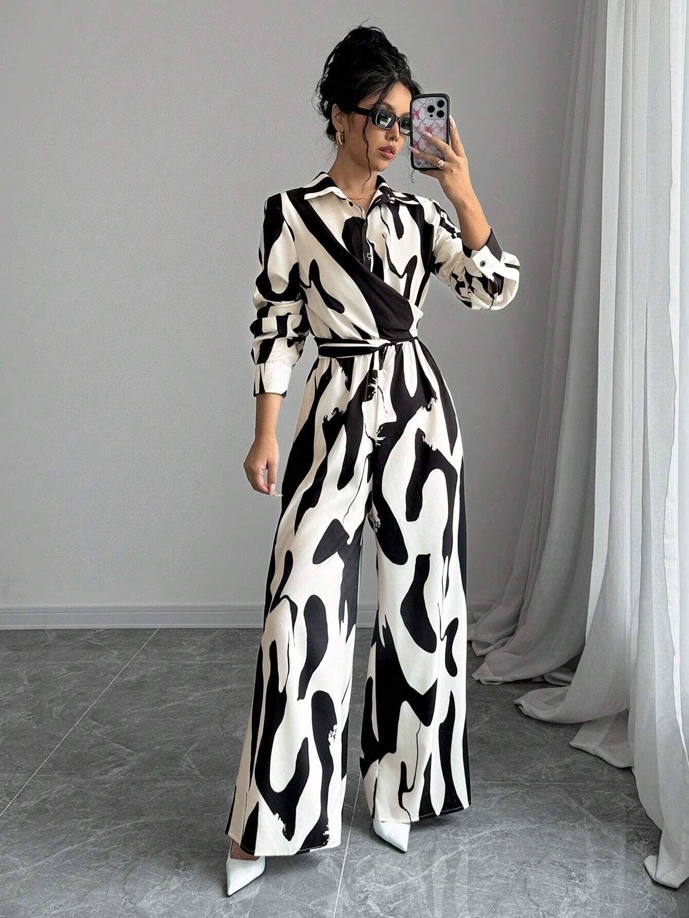 Buy SHEIN Privé Women's Contrast Color Printed Long Sleeve Tie Front Jumpsuit in Pakistan