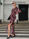 Buy SHEIN Priv̩ Women's Floral Print V-neck Waist Cinched Side Slit Hem Dress in Pakistan