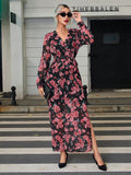 Buy SHEIN Priv̩ Women's Floral Print V-neck Waist Cinched Side Slit Hem Dress in Pakistan