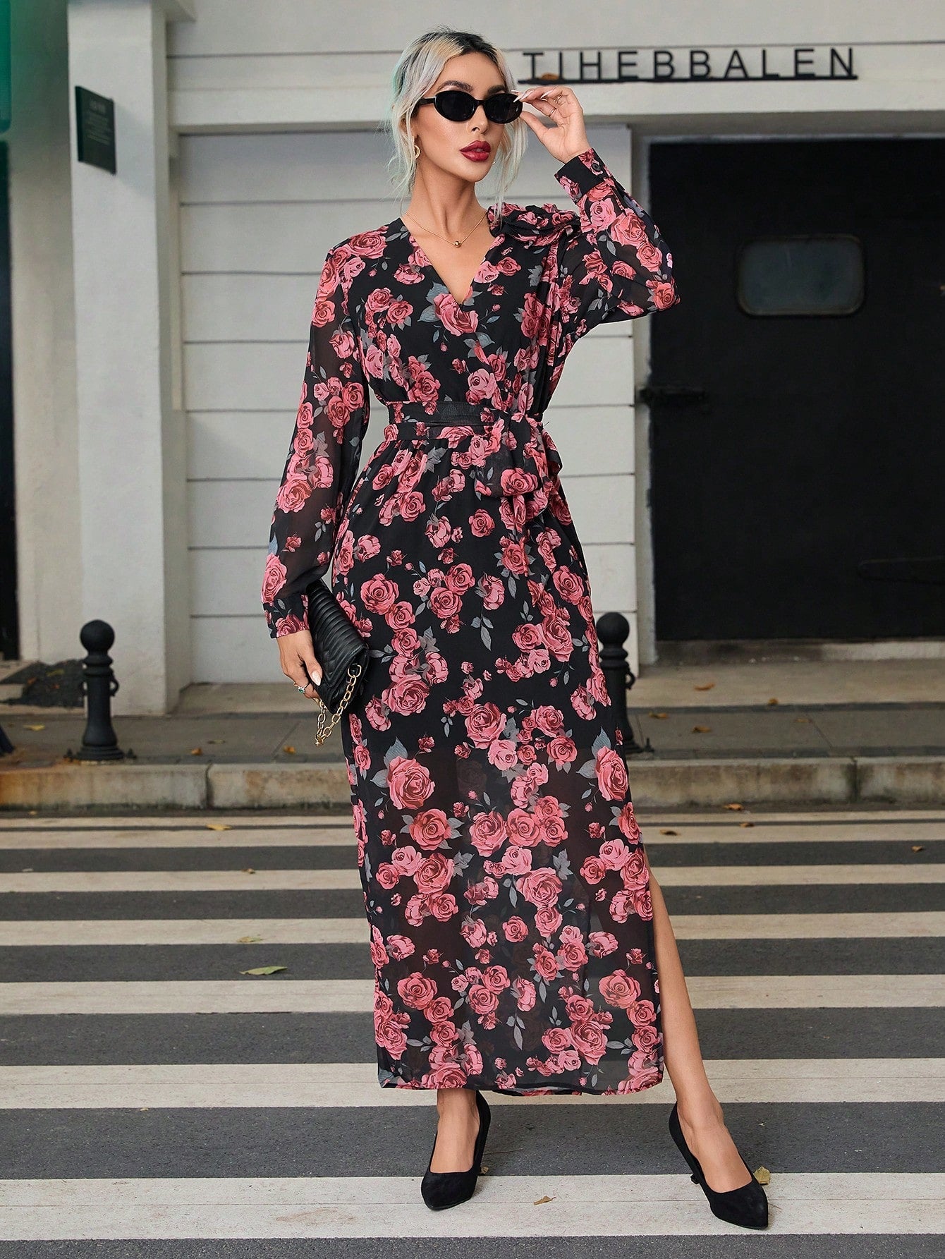 Buy SHEIN Priv̩ Women's Floral Print V-neck Waist Cinched Side Slit Hem Dress in Pakistan