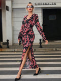 Buy SHEIN Priv̩ Women's Floral Print V-neck Waist Cinched Side Slit Hem Dress in Pakistan