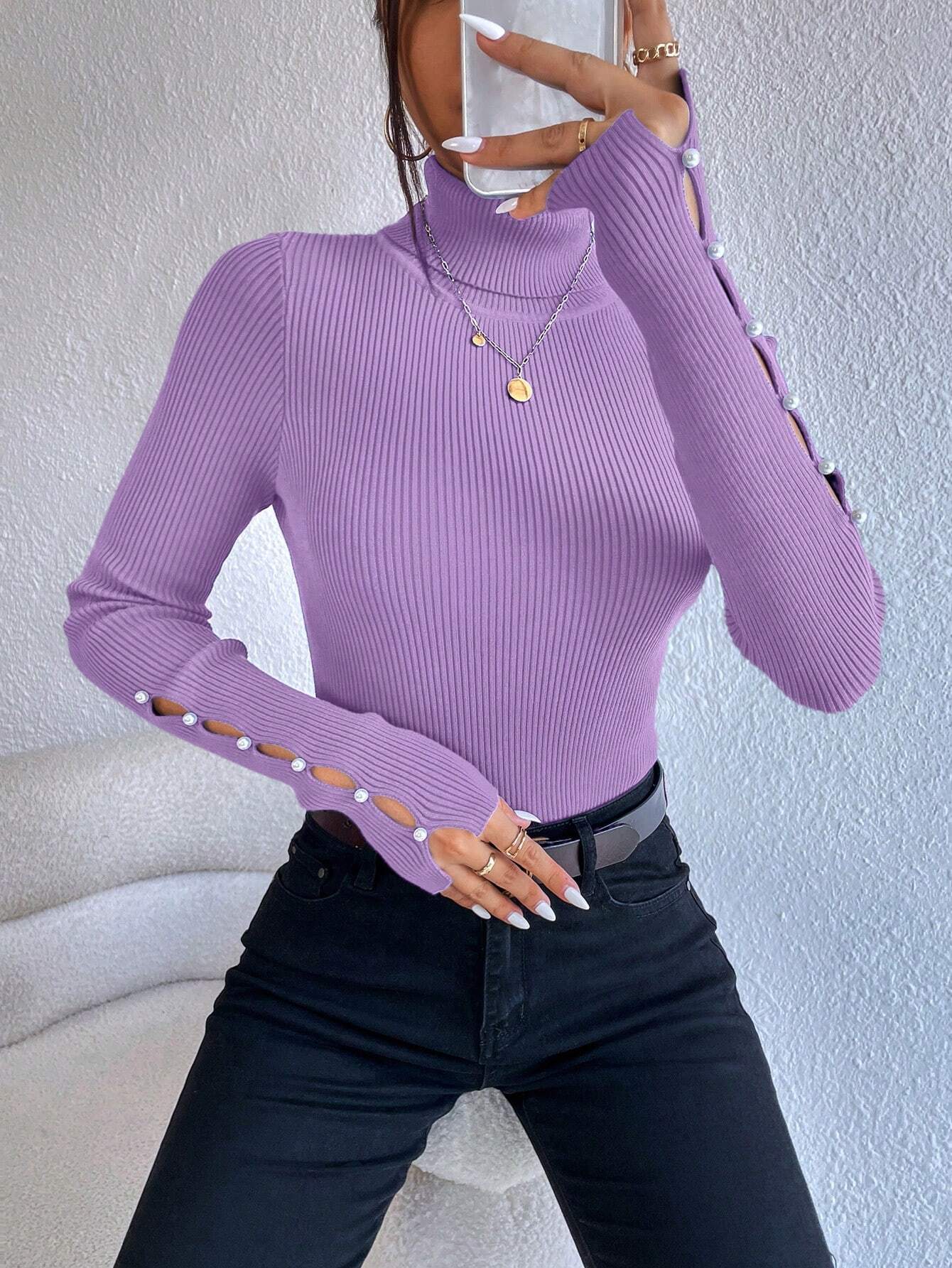Buy SHEIN Privé Women's Solid Color Minimalist Turtleneck Pullover Sweater in Pakistan