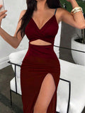 Buy SHEIN Privé Women's Spaghetti Strap Cross Back Cutout Waist High Slit Bodycon Dress in Pakistan