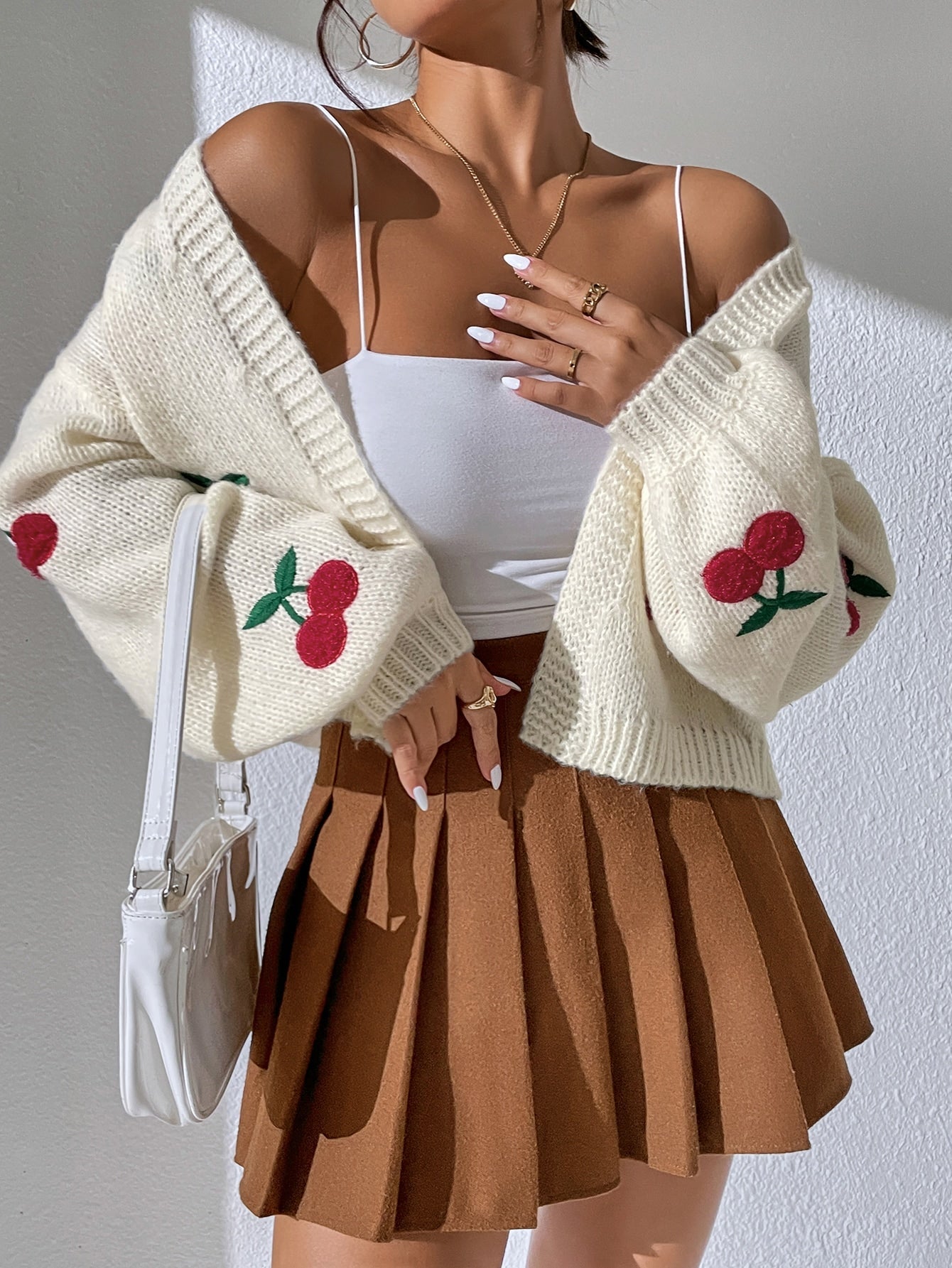 Buy SHEIN Qutie Cherry Embroidery Lantern Sleeve Cardigan in Pakistan