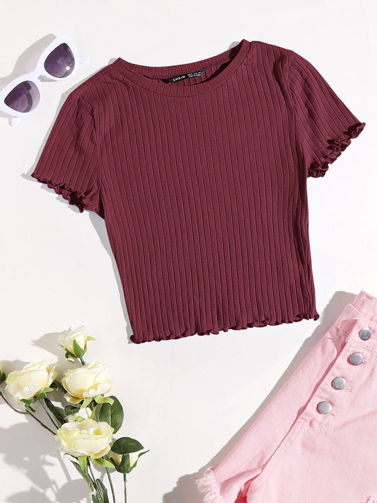 Buy SHEIN Qutie Solid Lettuce Trim Rib-knit Tee in Pakistan