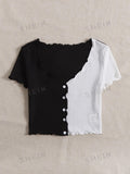 Buy SHEIN Qutie Two Tone Lettuce Trim Tee in Pakistan