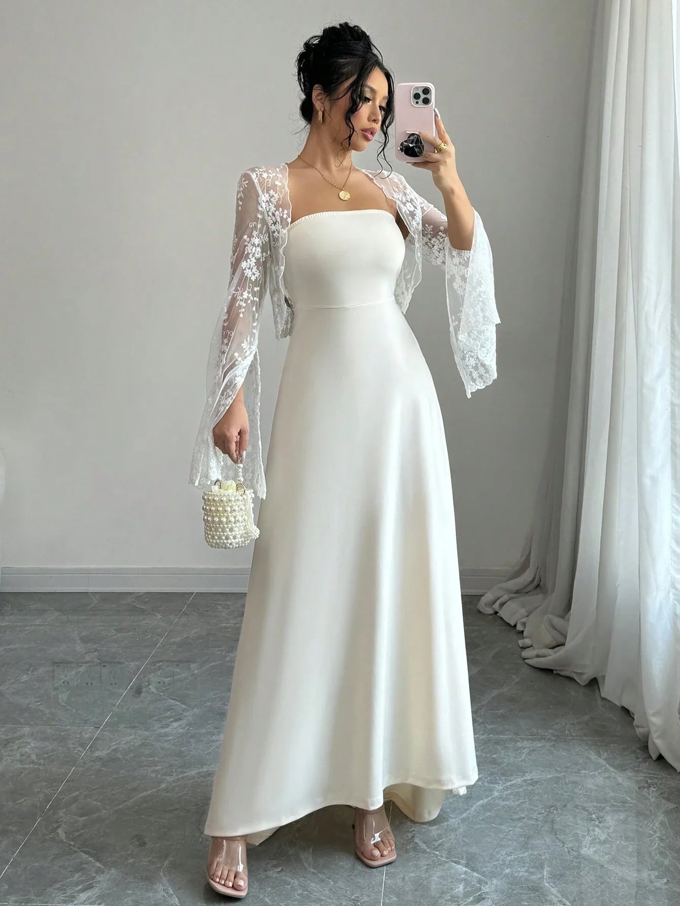 Buy SHEIN Raffinéa 2pcs Set: Lace Embroidered Dress With Corset Waist & Long Sleeve Dress in Pakistan